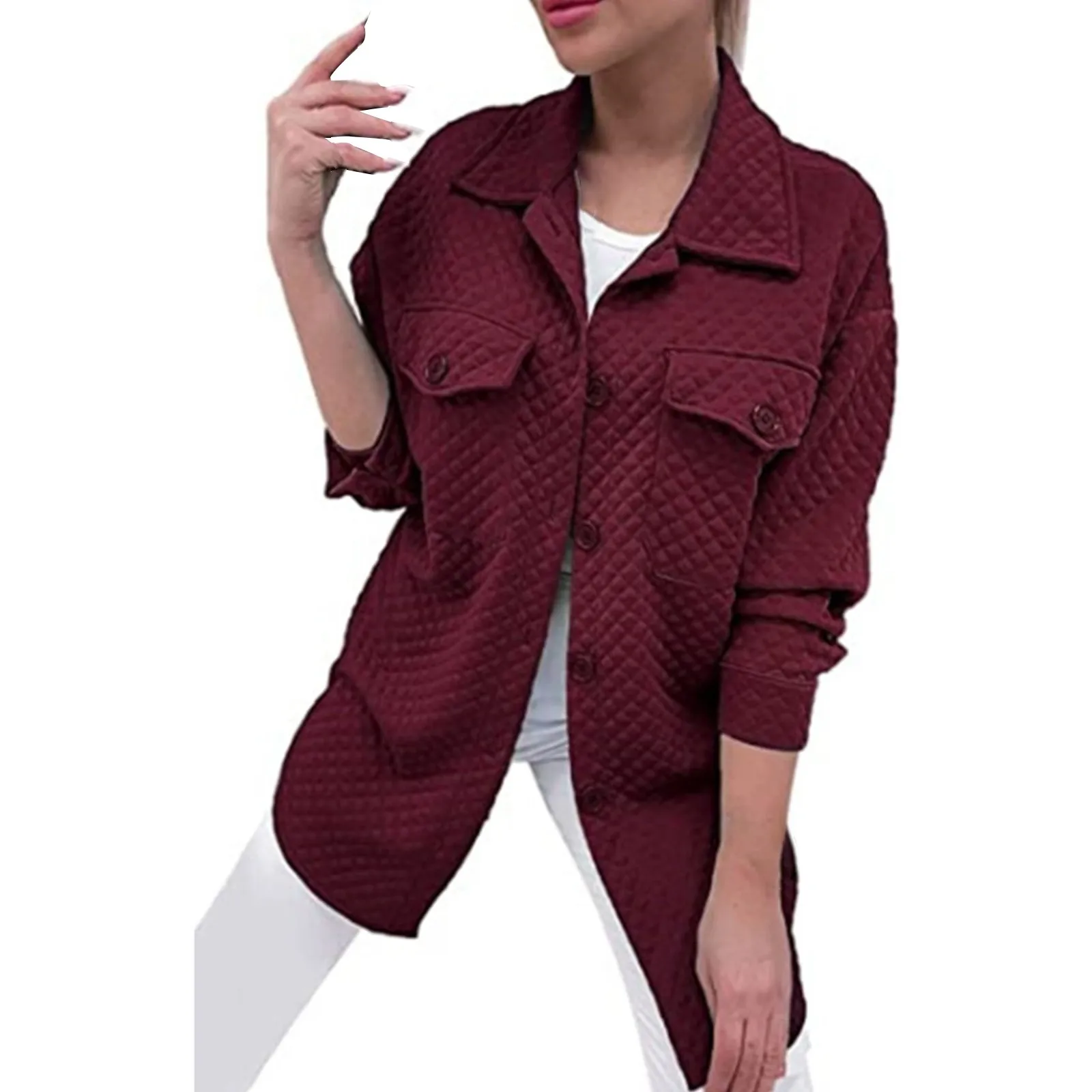 Женская однотонная куртка с длинными рукавами, воротником на пуговицах И повседневными карманами, женская одежда в винтажном стиле Изображение 4