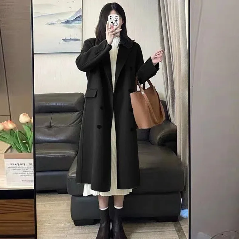 Женские зимние пальто Корейская модная длинная куртка с высоким воротом, женская элегантная Винтажная повседневная Свободная верхняя одежда с длинным рукавом и лацканами Изображение 0