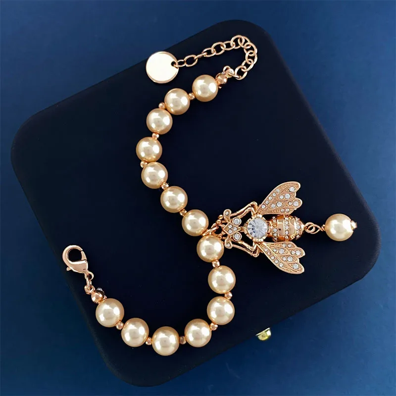 Креативный набор в форме пчелы, серьги с цирконом и жемчугом, ожерелье Изображение 3