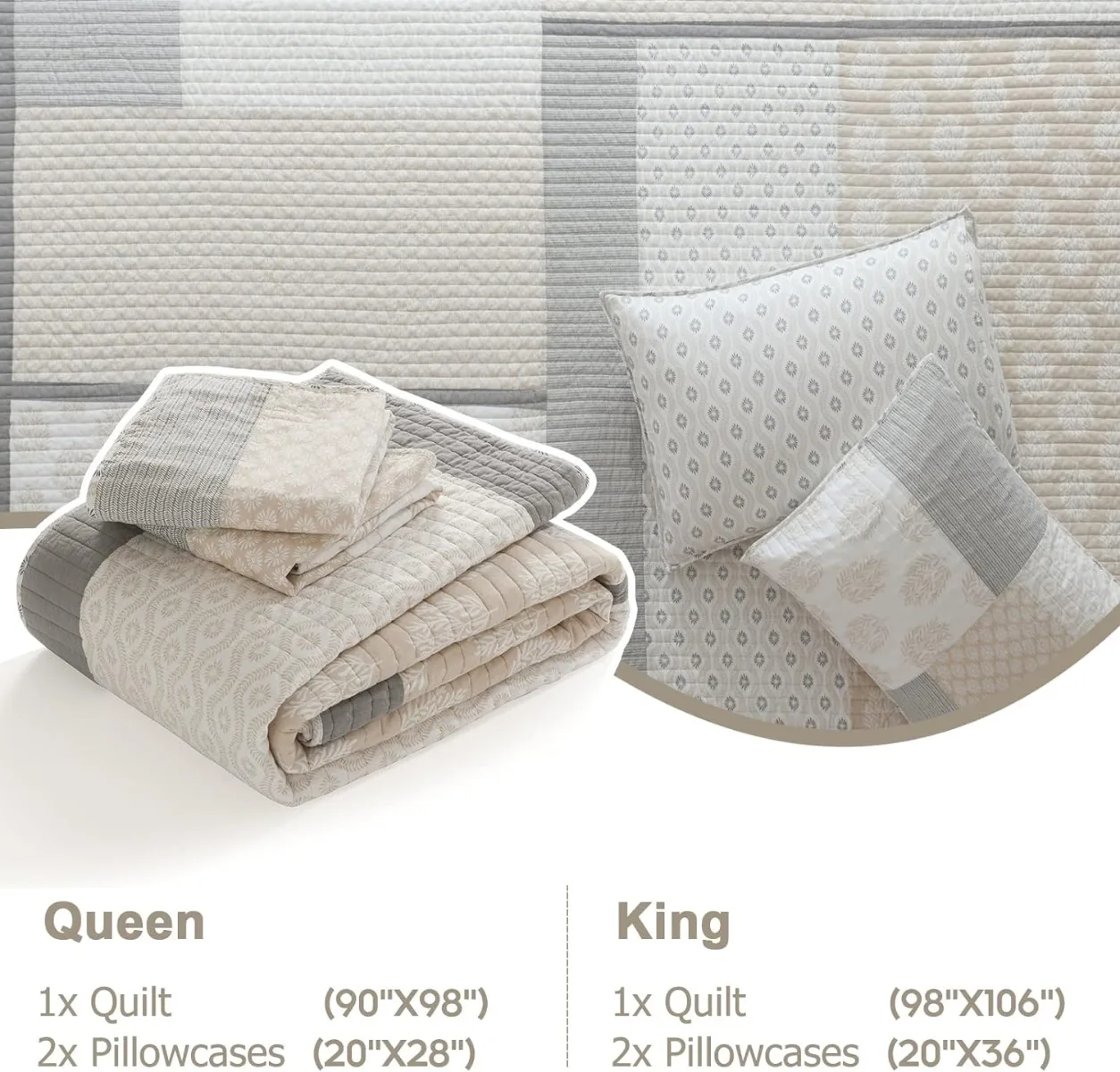 Легкий комплект стеганого одеяла Queen из 100% хлопка, Moonbeam, серый, белый, реверсивный, мягкий Комплект постельного белья Queen Queen, всесезонный, 3 штуки Изображение 4