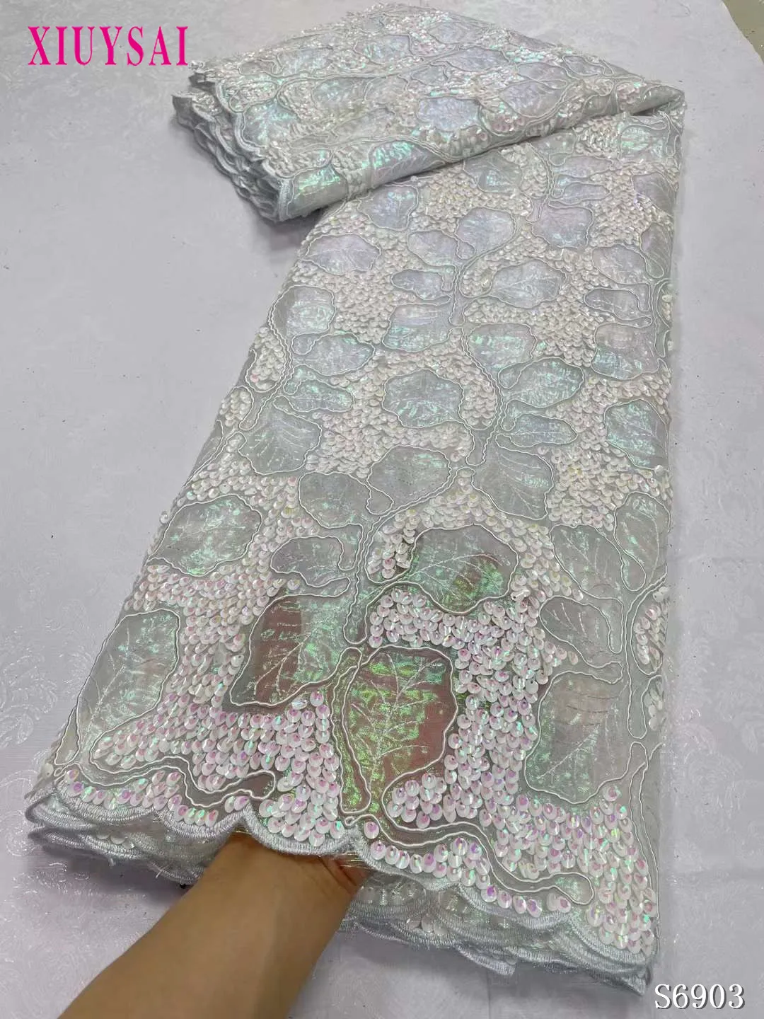 Модная Африканская кружевная ткань ручной работы 5 ярдов 2023 г. Высококачественная Нигерийская Вечерняя Вышивка блестками Французский Тюль Кружевная ткань Изображение 1