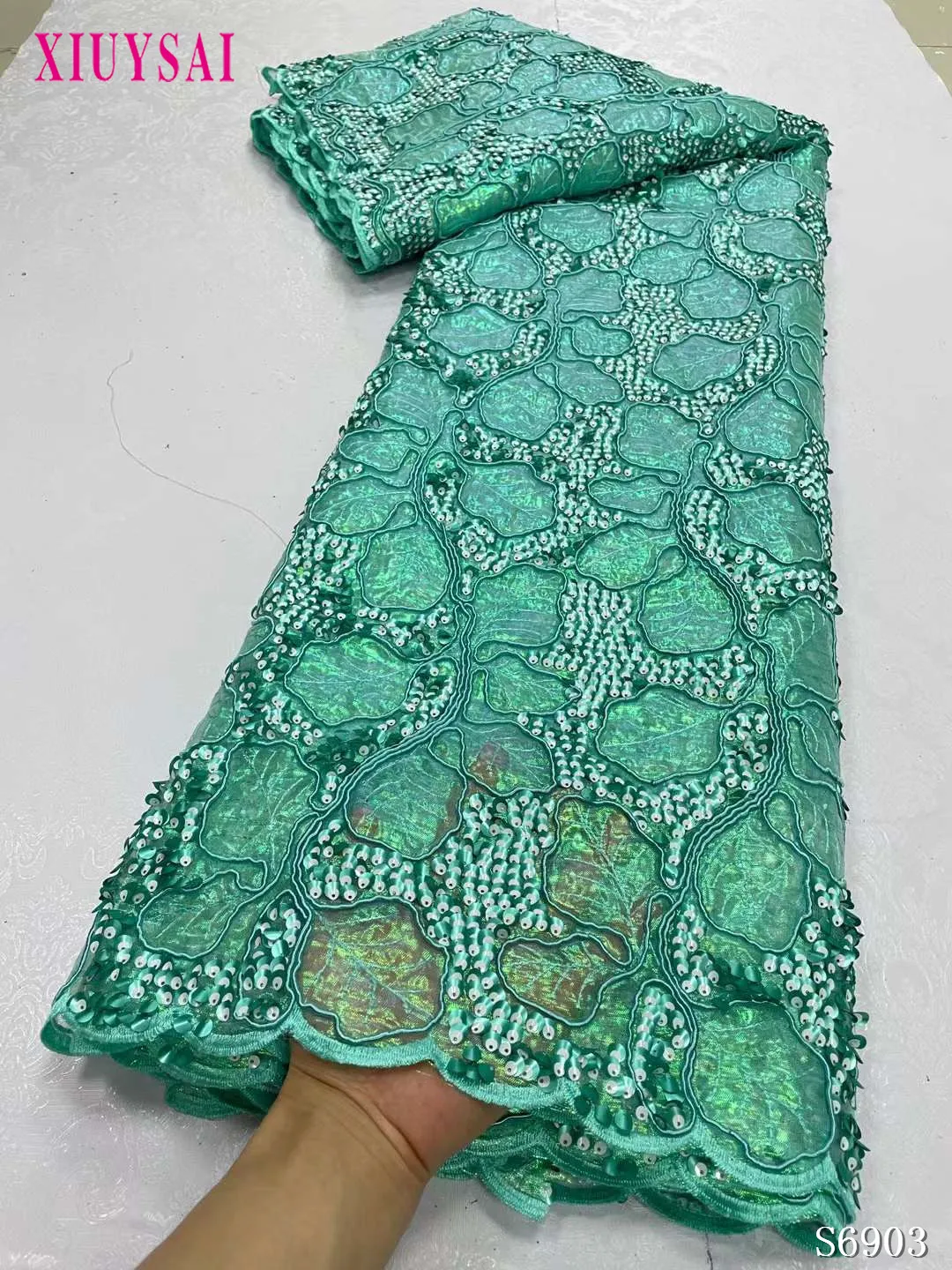 Модная Африканская кружевная ткань ручной работы 5 ярдов 2023 г. Высококачественная Нигерийская Вечерняя Вышивка блестками Французский Тюль Кружевная ткань Изображение 4