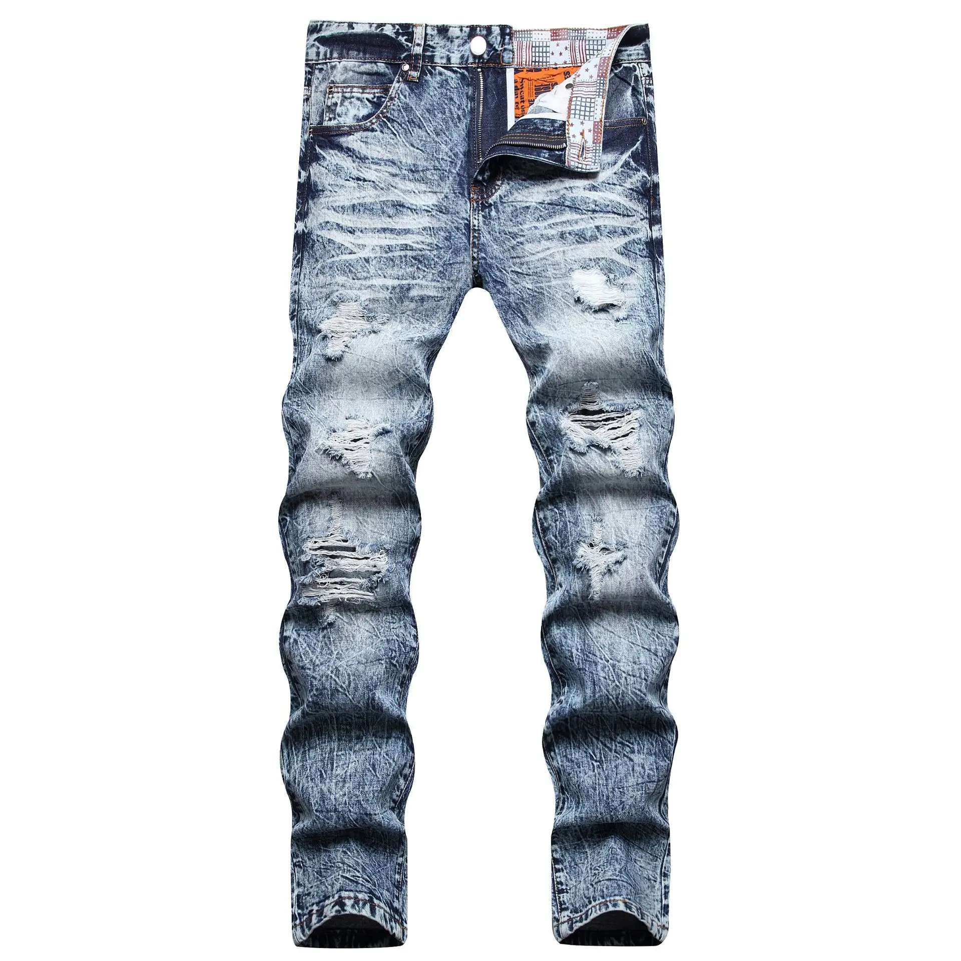 Модные Мужские джинсы с дырками в корейском стиле, модные Тонкие джинсовые брюки на осень-зиму, роскошные брендовые джинсы высокого качества, винтажные мужские джинсы, Изображение 1