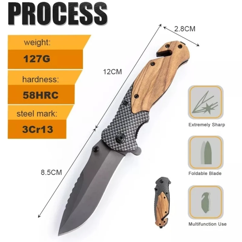Нож для кемпинга и пешего туризма X50 Карманный нож для выживания с титановым покрытием, складной нож с деревянной ручкой, идеально подходящий для кемпинга на открытом воздухе Изображение 1