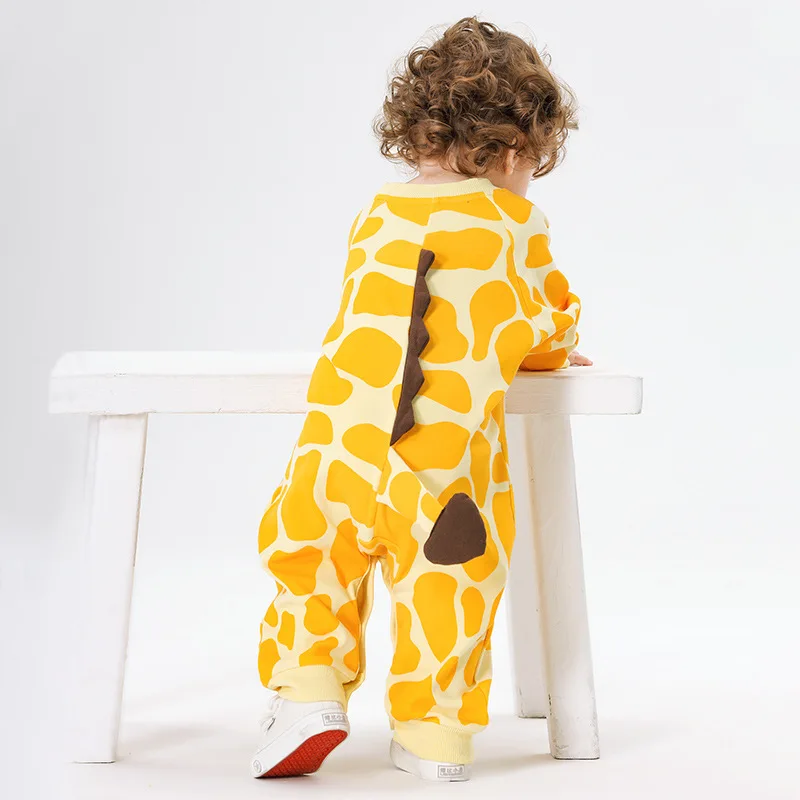 Одежда для новорожденных 0-3 лет, боди для мальчиков и девочек, хлопковые комбинезоны с длинными рукавами, цельный комбинезон с милым кавайным жирафом с длинными рукавами Изображение 3