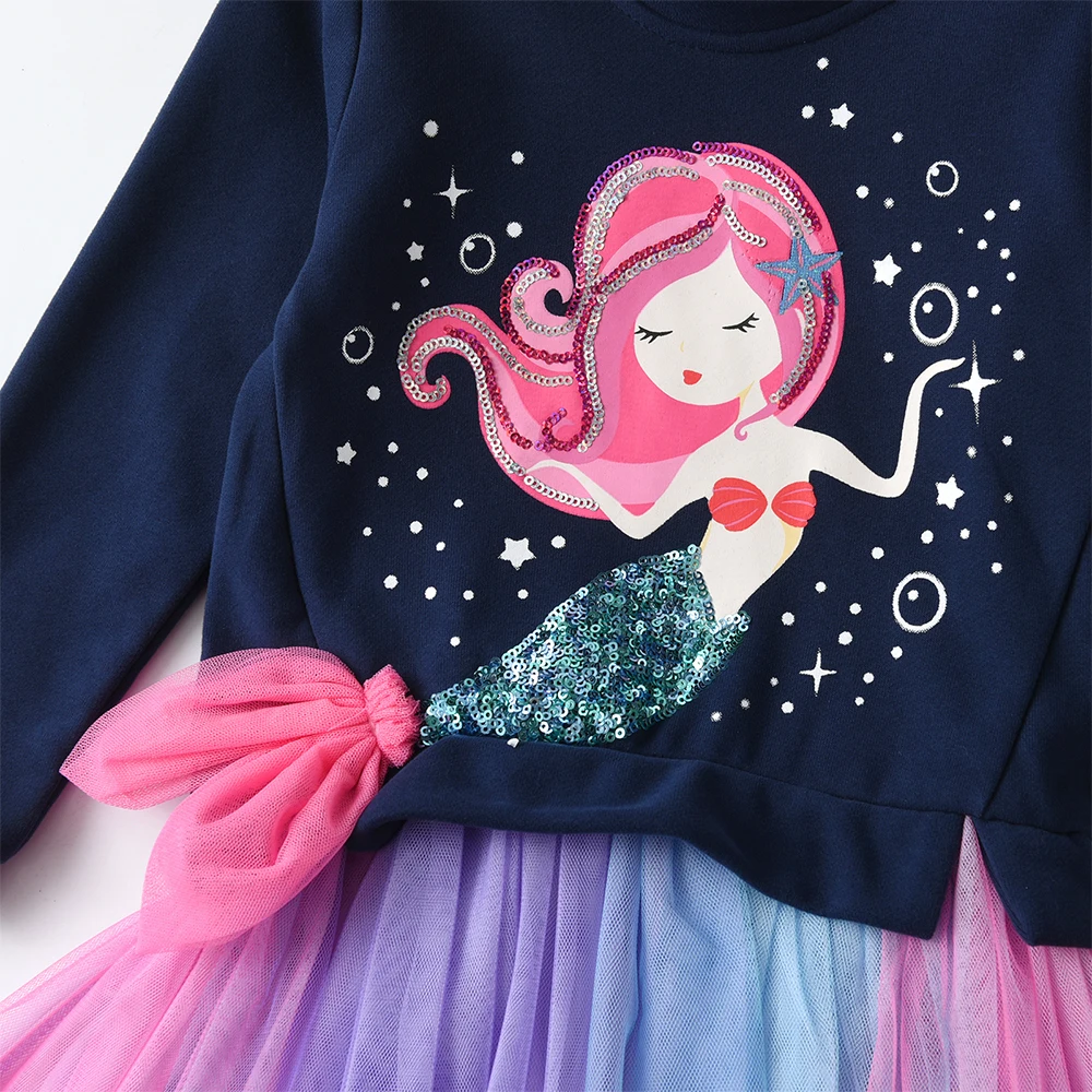 Платье-свитер для девочек VIKITA, Зимняя детская хлопчатобумажная одежда, детские платья принцессы в стиле пэчворк с русалочкой, повседневное платье с героями мультфильмов для малышей Изображение 1
