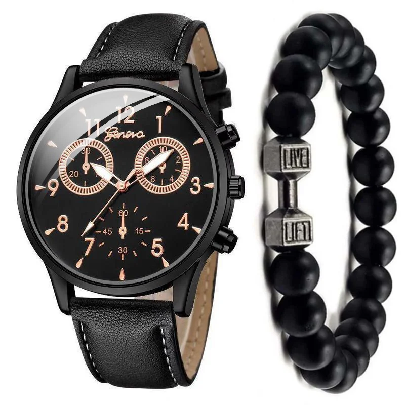 Роскошные мужские кварцевые часы в деловом стиле, кожаный ремешок, черные комплекты из двух предметов, наручные часы для мужчин с водонепроницаемым указателем Изображение 0