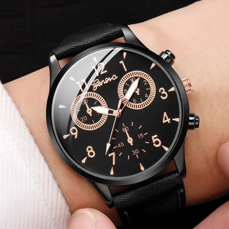 Роскошные мужские кварцевые часы в деловом стиле, кожаный ремешок, черные комплекты из двух предметов, наручные часы для мужчин с водонепроницаемым указателем Изображение 1