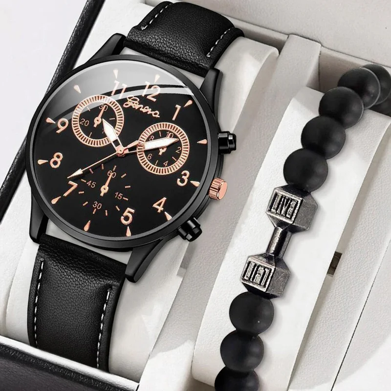 Роскошные мужские кварцевые часы в деловом стиле, кожаный ремешок, черные комплекты из двух предметов, наручные часы для мужчин с водонепроницаемым указателем Изображение 3