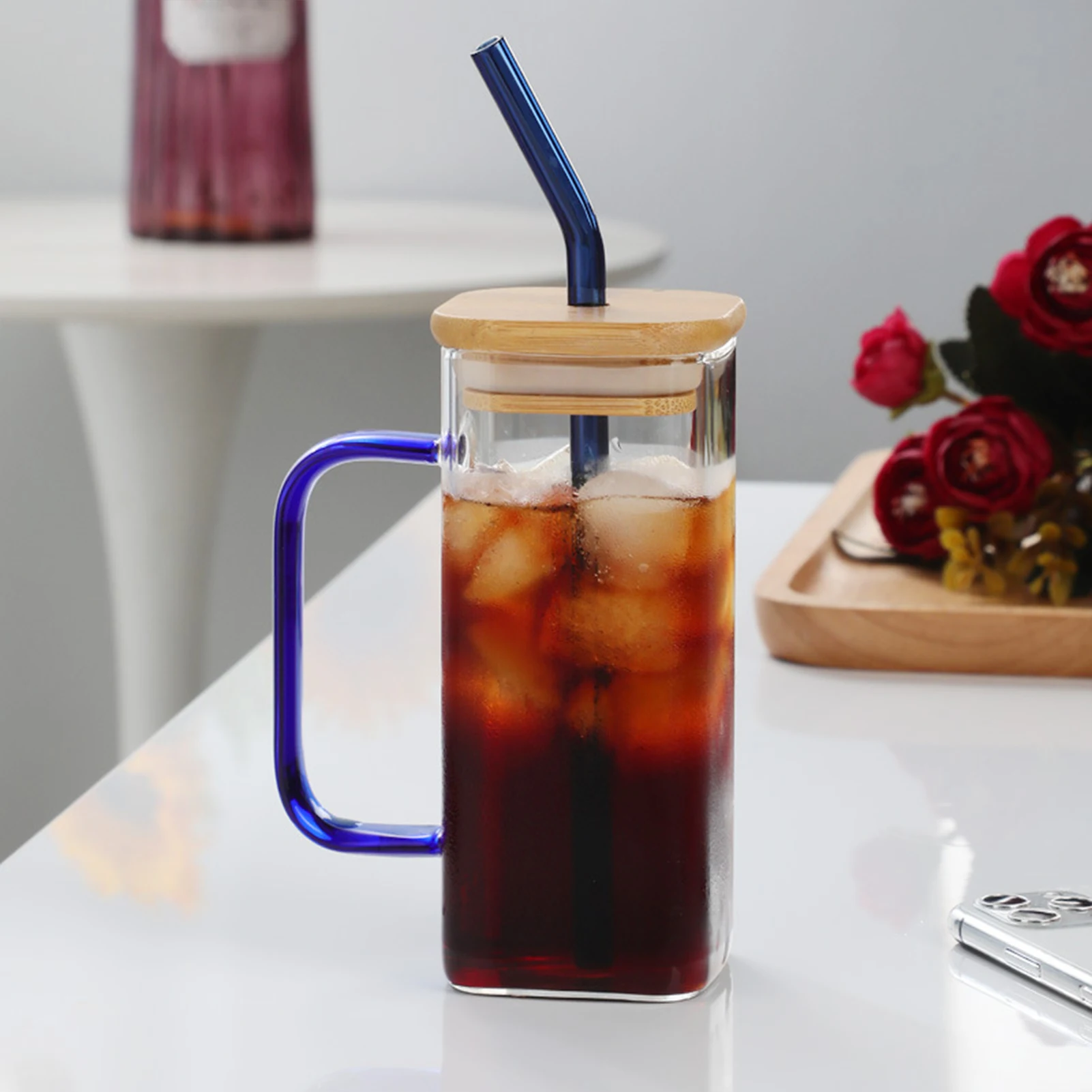 Стеклянная кружка-стакан с широким горлышком и ручкой-крышкой для смузи, холодного кофе, сока Изображение 1