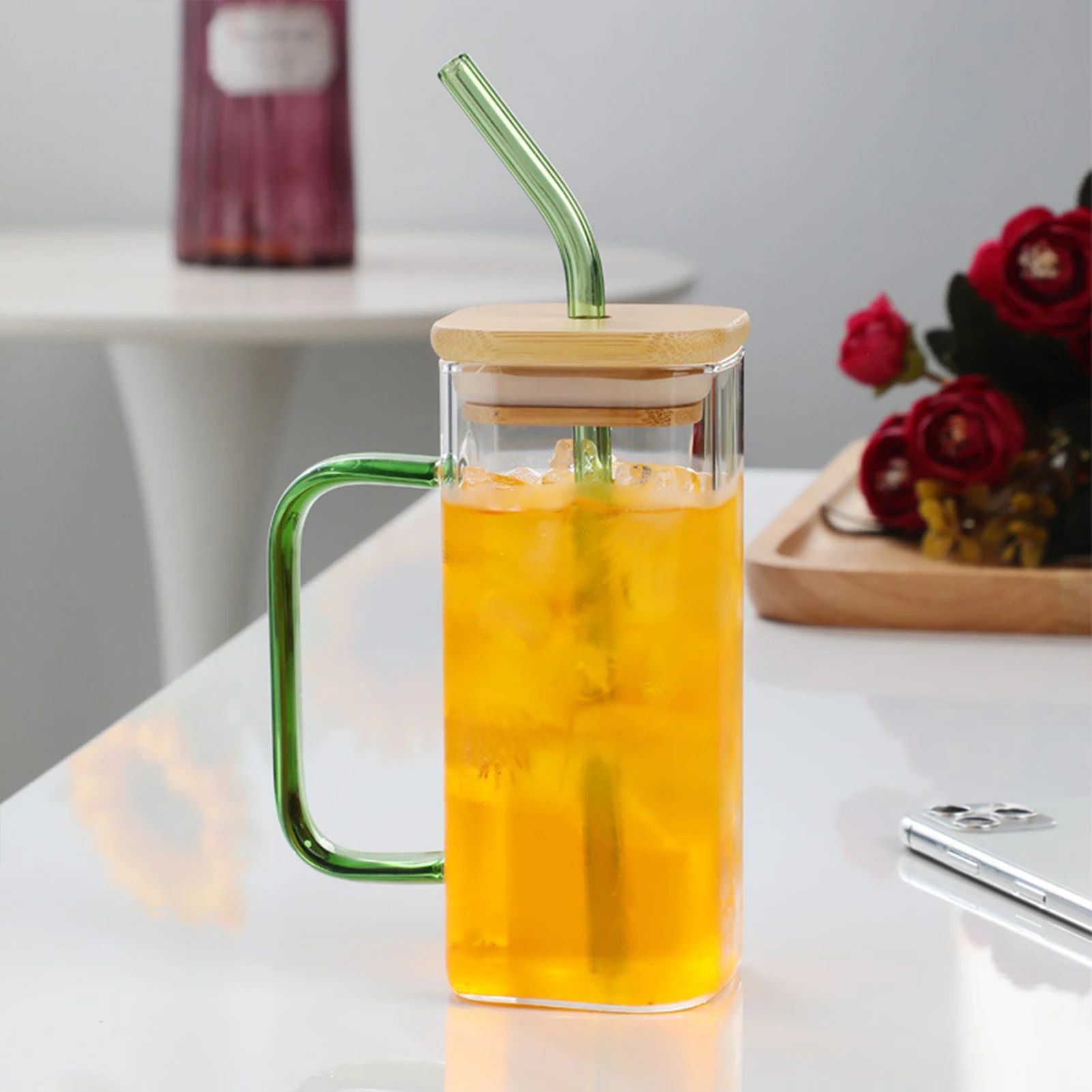 Стеклянная кружка-стакан с широким горлышком и ручкой-крышкой для смузи, холодного кофе, сока Изображение 3