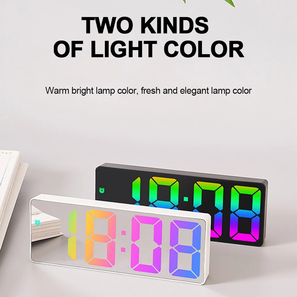 Цифровой будильник с красочным светодиодным дисплеем Современные настольные светодиодные часы для дома (модель White Shell-Mirror C) Изображение 5